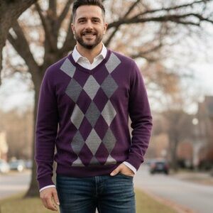 Garret Scott V-Neck Sweater Pullover Argyle Purple/Gray Men's Size M